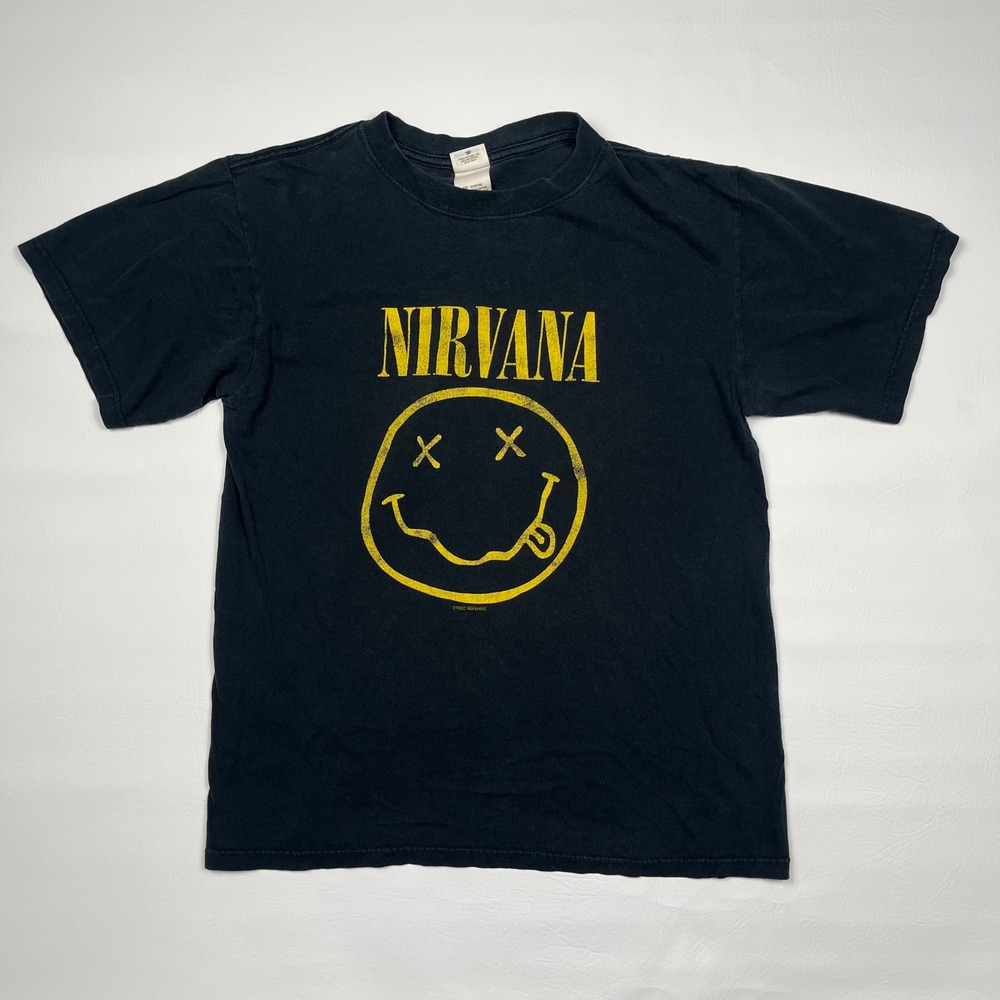 Vintage Anvil Nirvana Smiley Face Graphic T-Shirt Medium Black 1992 Grunge